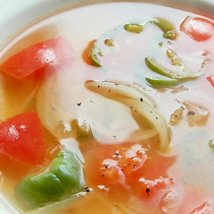 酢玉葱で5分!?トマト&ピーマンの減塩スープ♪